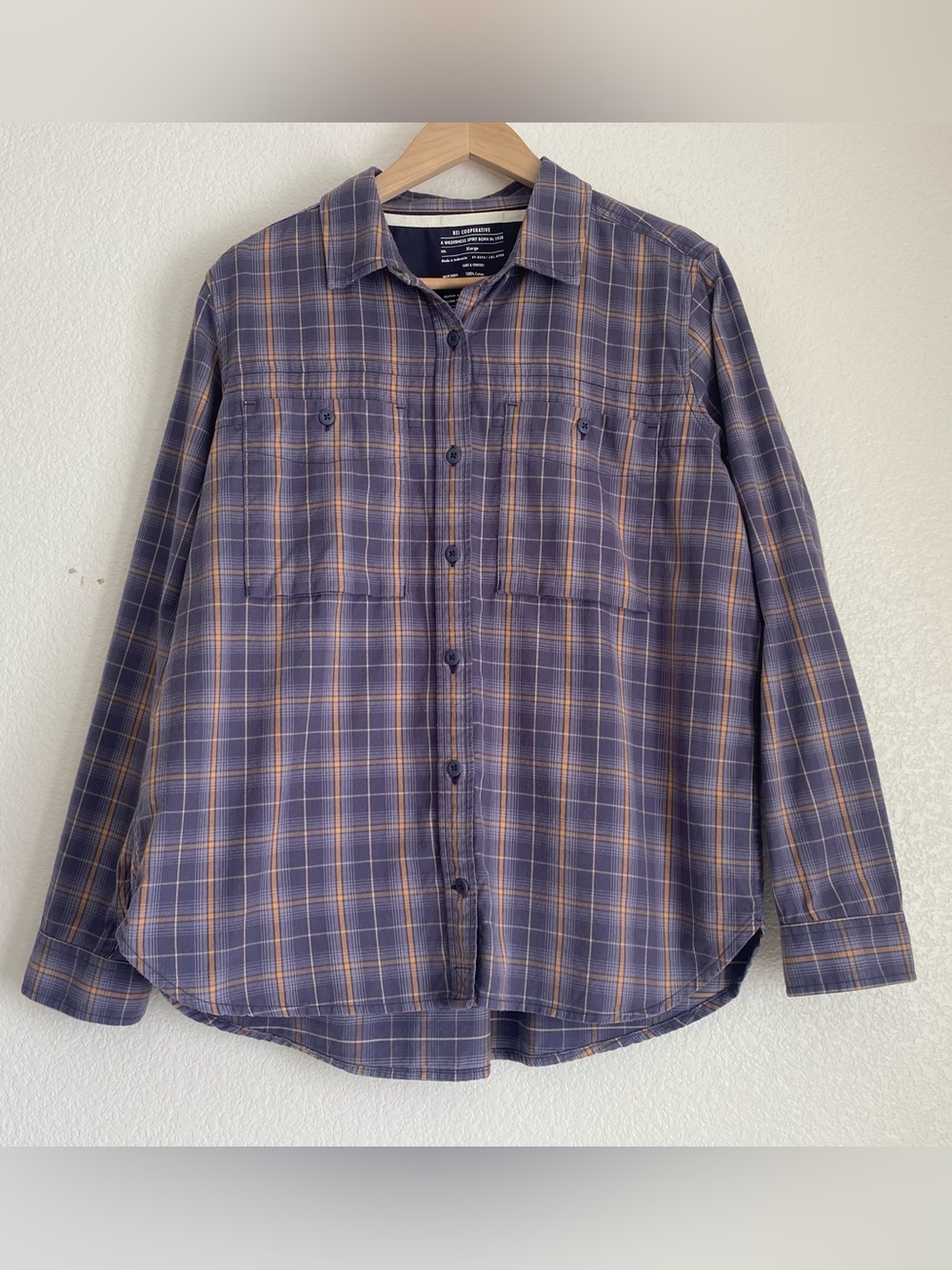 REI purple plaid womens long sleeve button up shirt, purple/orange, XL